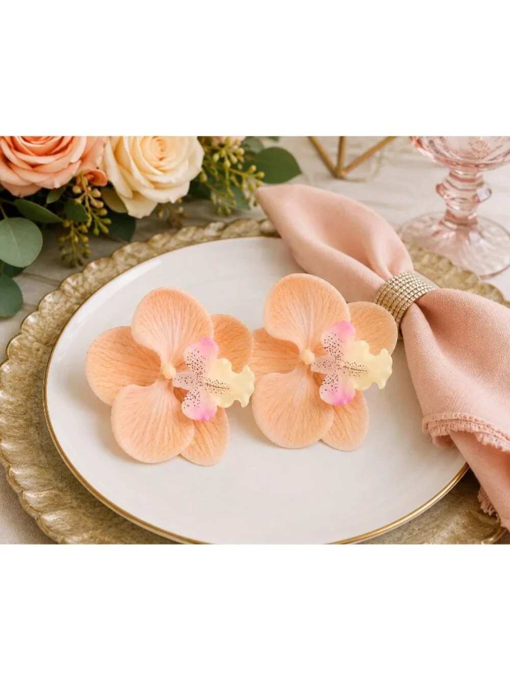Peach Champagne Real Touch Orchid Heads Set of 2, 3.5 Inch Phalaenopsis Blooms f